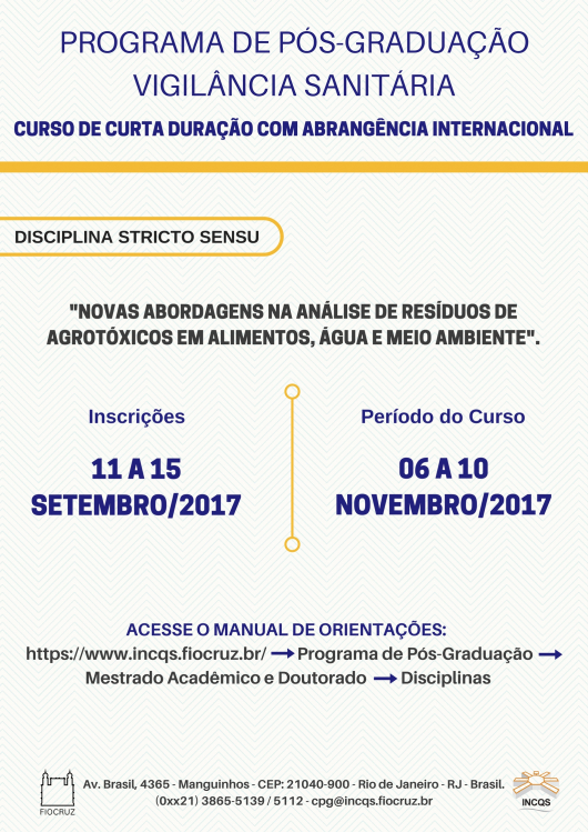 Curso de curta duro Novas abordagens na anlise de resduos de agrotxicos em alimentos gua e meio amiente